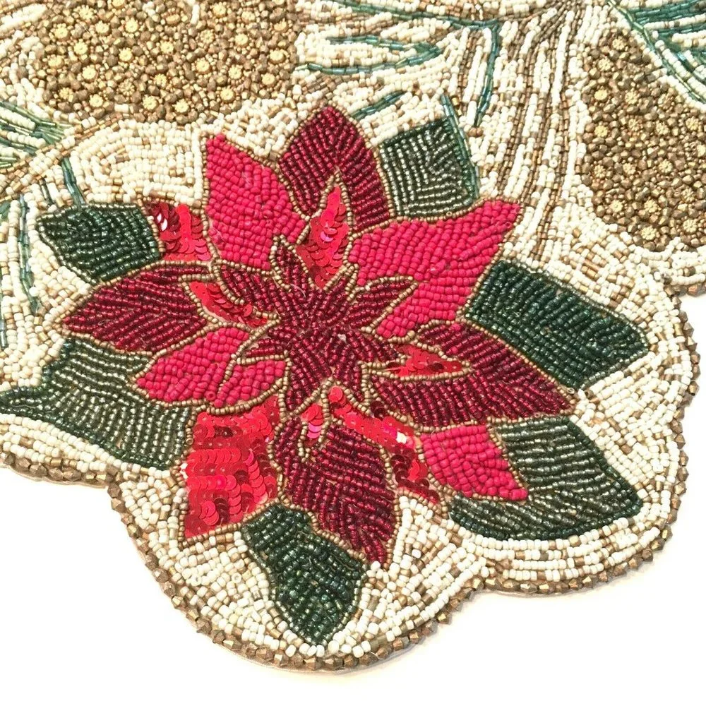 Cynthia Rowley Christmas Beaded Pinecone Poinsettia Table Runner Centerpiece